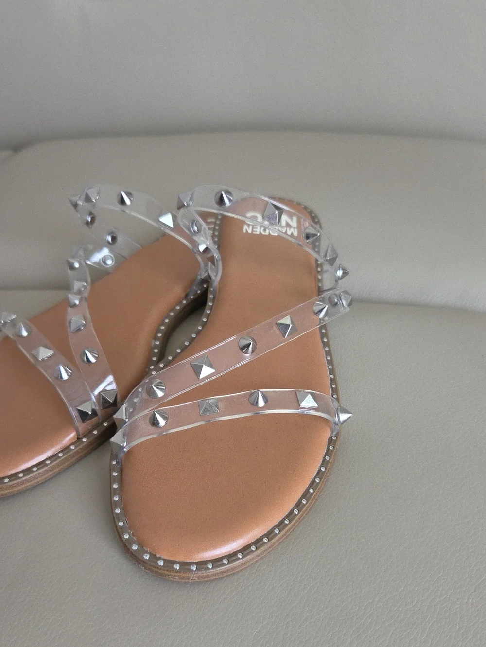 Steve Madden Clear Studded Slide Sandals in Tan